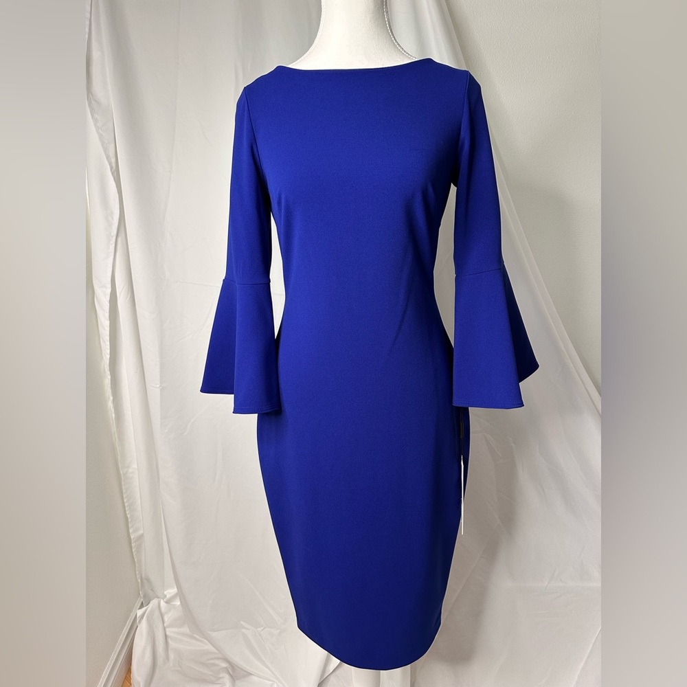 Calvin Klein Elegant Blue 3/4 Bell Sleeve Boat Neck Sheath Dress Size 2